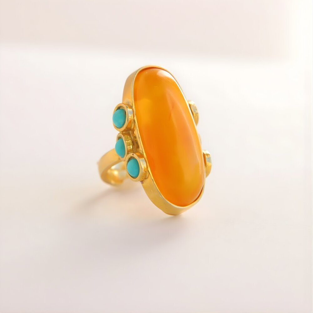 Baltic Amber and Turquoise Gold Ring- 14k Gold Plated Sterling Silver